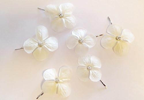 Wedding Set of 6 Small Creamy Bridal Flowers Hair Pins with Rhinestones