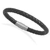 Braided Black Leather Bracelet 6mm 8 inches Magnetic