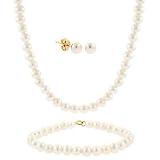 6-7mm 14k Gold Genuine Freshwater Cultured White Pearl Necklace Bracelet Stud Earring Set