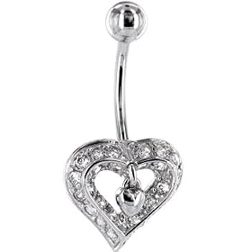 Solid 14KT White Gold Cubic Zirconia CHARMING HEART Belly Ring by 