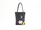 Silk Tote with Lotus Flower Embroidery, Black