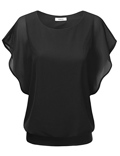 NINEXIS Women's Chiffon Batwing Dolman Top with Banded Hem (S-3XL)