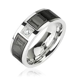 316L Surgical Stainless Steel Ring with Black IP Engraved Roman Numerals with CZ Center