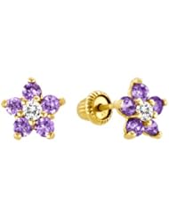 14K Yellow Gold Purple Amethyst & CZ Flower Stud Earrings for Little Girls & Babies
