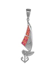Sterling Silver Sail Boat Pendant, Pink Synthetic Opal Inlay with Movable Anchor 1 13/16 inch tall,