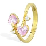 10K solid gold spiral toe ring with pink hearts and clear gem
