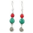 Coral, Turquoise and Sterling Silver Swirl Dangle Earrings, #7816