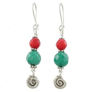 Southwestern Faceted Coral, Turquoise Gemstone Bead and Sterling Silver Swirl Dangle Earrings, #7816