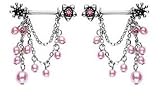 Pair of nipple rings with Pink pearls Flower & chains drop dangles barbell shield 14g