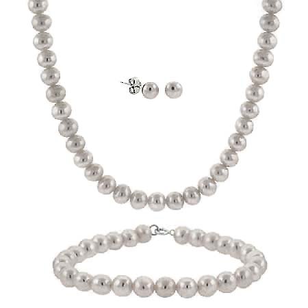 Sterling Silver 5.5-6mm Genuine Freshwater Cultured Grey Pearl Necklace Bracelet & Stud Earrings Set