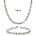 Sterling Silver 5.5-6mm Genuine Freshwater Cultured Grey Pearl Necklace Bracelet & Stud Earrings Set