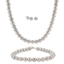 Sterling Silver 5.5-6mm Genuine Freshwater Cultured Grey Pearl Necklace Bracelet & Stud Earrings Set