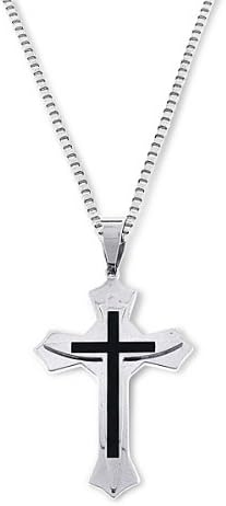 Mens Two Tone Stainless Steel Pendant - Cross Black Polished Pendant - 26 Inch Chain Necklace