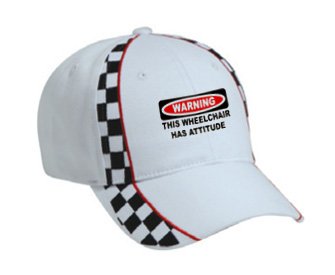 This Wheelchair Has Attitude — Adult White Racing Checker Hat /​​​​​ Cap
