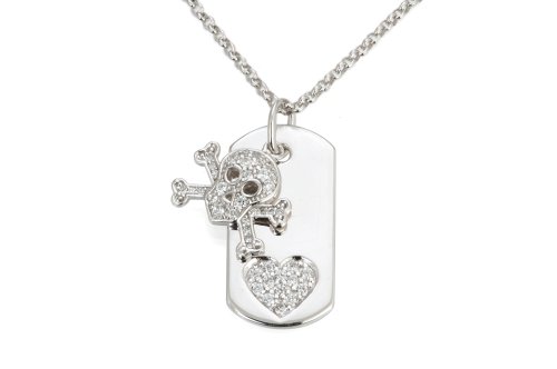 Sterling Silver Cubic Zirconia Statements Skull Charm & Heart Dog Tag by Crislu, 16-18