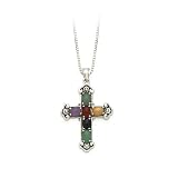 Sterling Silver Multicolor Jade Cross Pendant with Chain