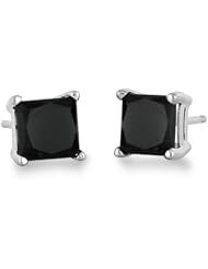 1.00 Carat Genuine Princess Black Diamond Solitaire Earrings in .925 Sterling Silver