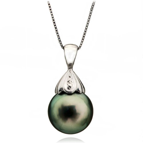 14k White Gold Diamond Illusion 8-10mm Perfect Round Black South Sea Tahitian Pearl Pendant 18" length Chain Necklace AAA Quality