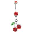 Stainless Steel Belly Ring with Red Crystals - Cherry Dangling