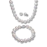 White 9-10mm AA+ Cultured Pearl Strand Princess Necklace 18", Bracelet & Earrings Platinum Overlay Sterling Silver Set