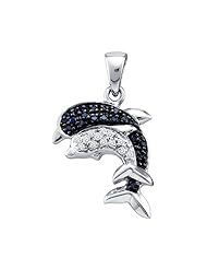 Dolphin Pendant Black & White Diamond 10k White Gold Charm (0.11 ctw)