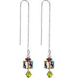 Handcrafted Austrian Crystal Sterling Silver Green IMPERIOUS CUBE Threader Earrings