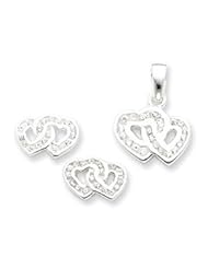 Sterling Silver Double Heart CZ Pendant & Earring Set