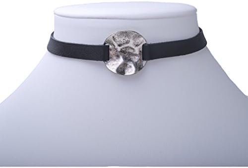 Arimika Handmade Black Leather String Choker Necklace With Silver Grey Tone Pendant