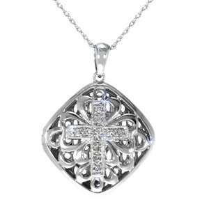 Diamond 10k White Gold Cross Locket Necklace Pendant (1/5 cttw) 18