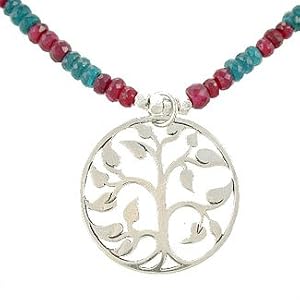 Ruby and Apatite Gemstone Bead Choker Necklace with Family Tree of Life Pendant in Sterling Silver, 16 1/4" Length#7884
