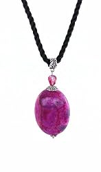 Necklace - N518 - Genuine Semi Precious Stone Hung on a Black Triple-Strand Twisted Silk / Satin Cord + 2" Extension Chain - Oval Shape ~ Pink Crazy Lace Agate