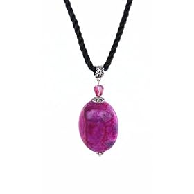 Necklace - N518 - Genuine Semi Precious Stone Hung on a Black Triple-Strand Twisted Silk / Satin Cord + 2" Extension Chain - Oval Shape ~ Pink Crazy Lace Agate