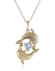 18k Yellow Gold Plated Sterling Silver Blue Topaz and Diamond Accent Dolphins and Heart Pendant Necklace, 18"