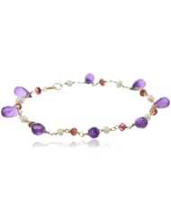 Faceted Teardrop Amethyst, Garnet Rondelle and White Freshwater Cultured Pearl Linked Chain Bracelet, 7.5"