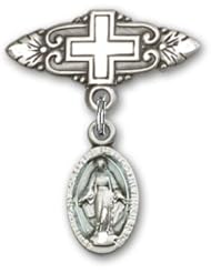 Sterling Silver Baby Badge with Blue Miraculous Charm and Badge Pin with Cross