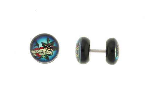 Genuine Ed Hardy Anodized Black Fake Plug - Love Eternal Logo -16g Wire - 10mm - Sold as a Pair