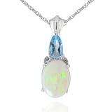 14k White Gold Opal, Swiss Blue Topaz and Diamond Pendant (.02 cttw, I-J Color, I1 Clarity), 17