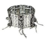 Smokey Black Austrian Rhinestone Greek Symbol Dangle Chain Stretch Antique Silver Tone Bracelet