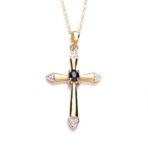 9ct Yellow Gold 2pt Diamond & Sapphire Cross 18 Chain