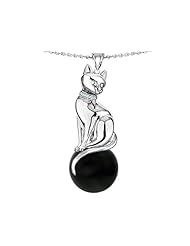 Original Star K (tm) Large Cat Pendant with 10mm Simulated Black Sapphire Ball in 925 Sterling Silver