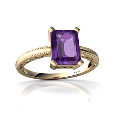 14K Yellow Gold Emerald-cut Genuine Amethyst Milgrain Ring Size 4.5