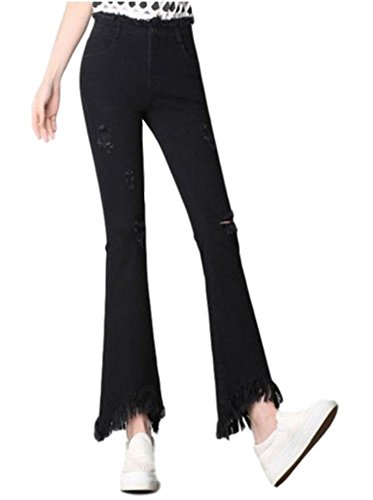 レディース ジーンズ ワイドレッグパンツ 9分丈 デニムパンツ 穴あき ダメージ フリンジ ストレッチ 全2色 オリジナルグッズ付属 ITA0226