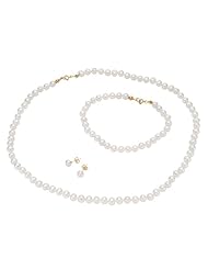 14k Gold Pearl Necklace, Bracelet & Earring Set, 5-6mm Cultured Pearls Valentines Gift Set
