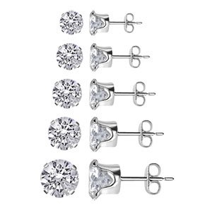 TDEZ-ROUND-SET Nickel Free Sterling Silver 3mm 4mm 5mm 6mm & 7mm Round Sparkling Clear Cubic Zirconia Stud Earrings Set