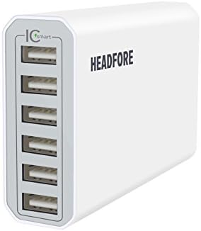 Headfore 50 Watts 5V/10A 6-Port Desktop Charger With SmartIC Technology Full Speed Charging for iPhone 5, iPad, Samsung Galaxy, Touch Screen Tablet - White with Charging Cable