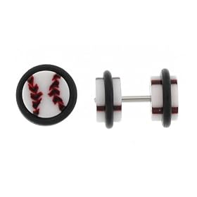 Fake Acrylic Plugs - Baseball on Black - 16g Wire - 8mm/0g - Sold as a Pair