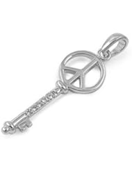 Sterling Silver Peace Sign Skeleton Key Pendant Fashion Charm Pure 925 New 30mm with 2mm Figaro Chain