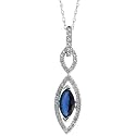 10k White Gold 18" Thin Chain & 1 1/8" (28mm) tall Marquise-shaped Pendant, w/ 0.14 Carat Brilliant Cut Diamonds & 0.50 Carat (8x4mm) Marquise Cut Blue Sapphire Stone