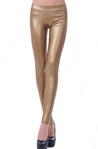 Lotsyle Women's Low Waist Faux Leather Leggings Stretch Pants(Gold M)