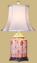 Scalloped Oval Coral and White Porcelain Table Lamp with Oval Silk Shade
